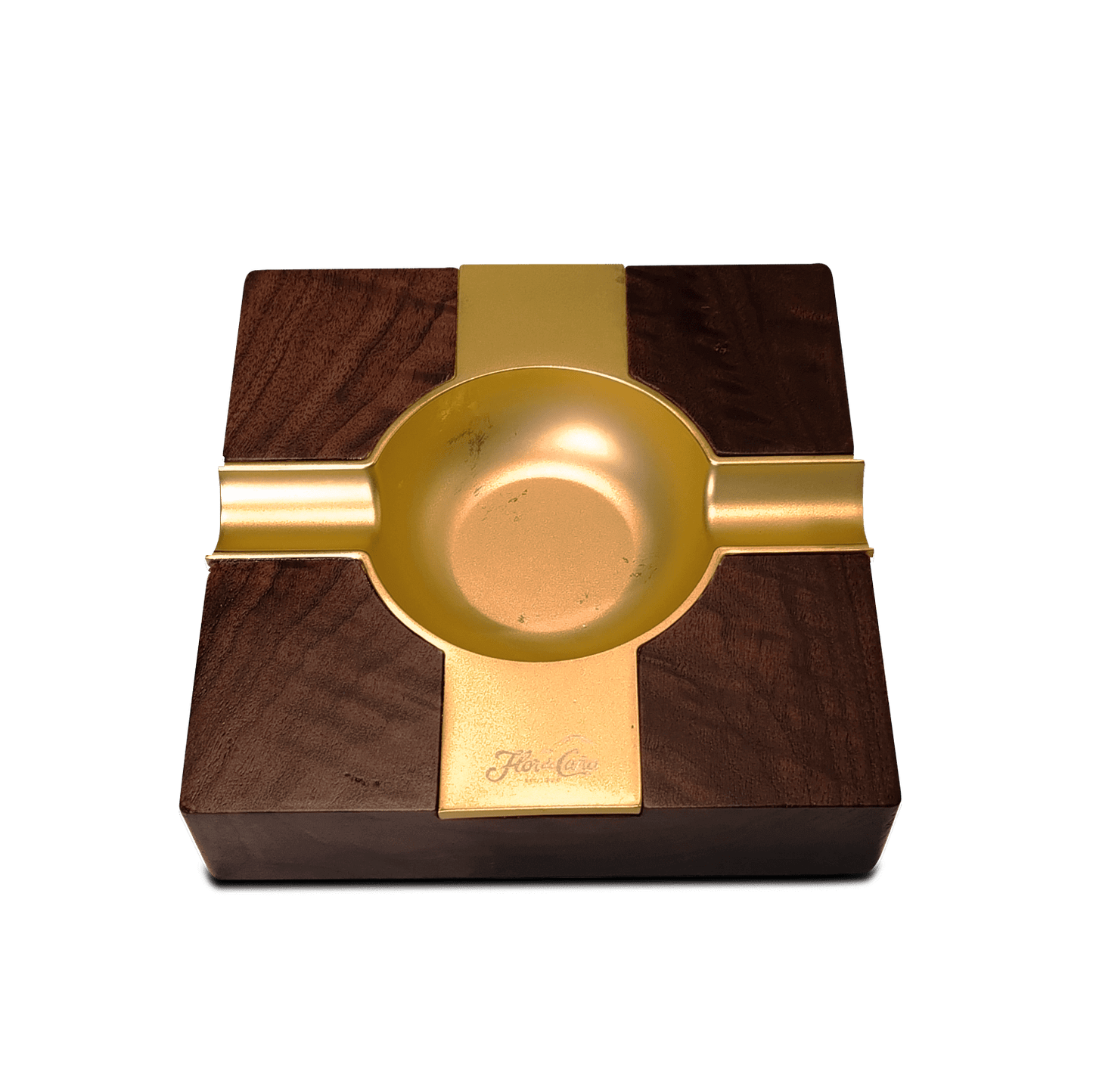 Elegante cenicero de Flor de Caña con diseño de madera y detalles dorados, ideal para realzar tu espacio.