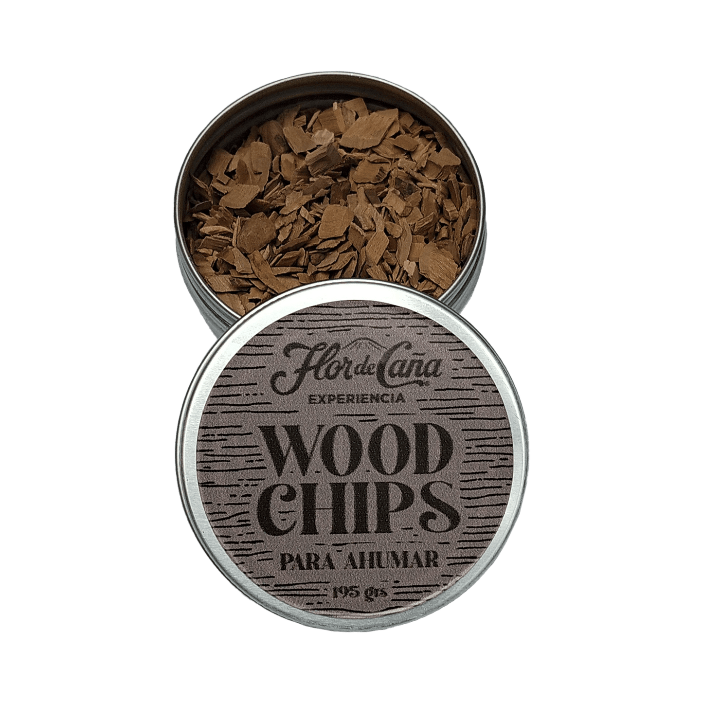 Flor de Caña wood chips in a metal tin for smoking, made from American oak, perfect for sustainable cocktails.