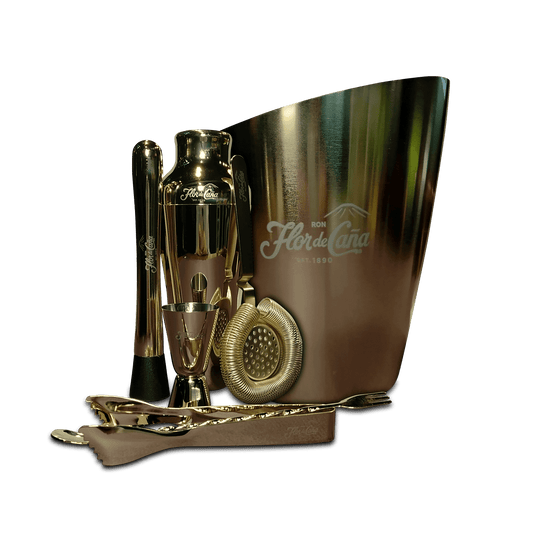 ULTRA PREMIUM BAR TOOL KIT by Flor de Caña in elegant gold finish for crafting cocktails.